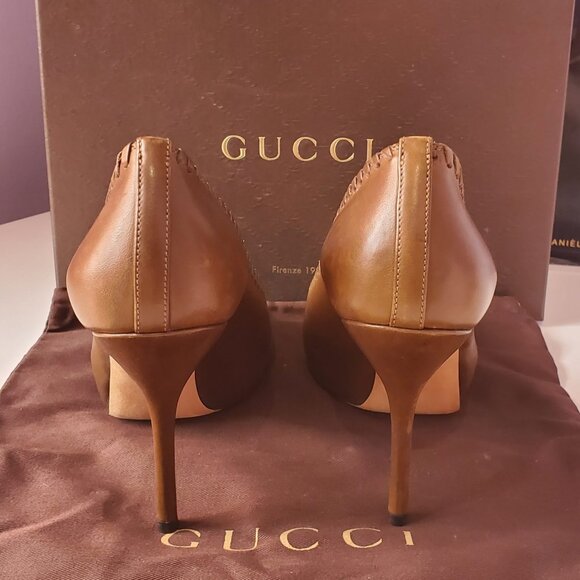 Women's Brown Leather Whipstitch Peep-Toe Platform Pumps - Picture 3 of 8